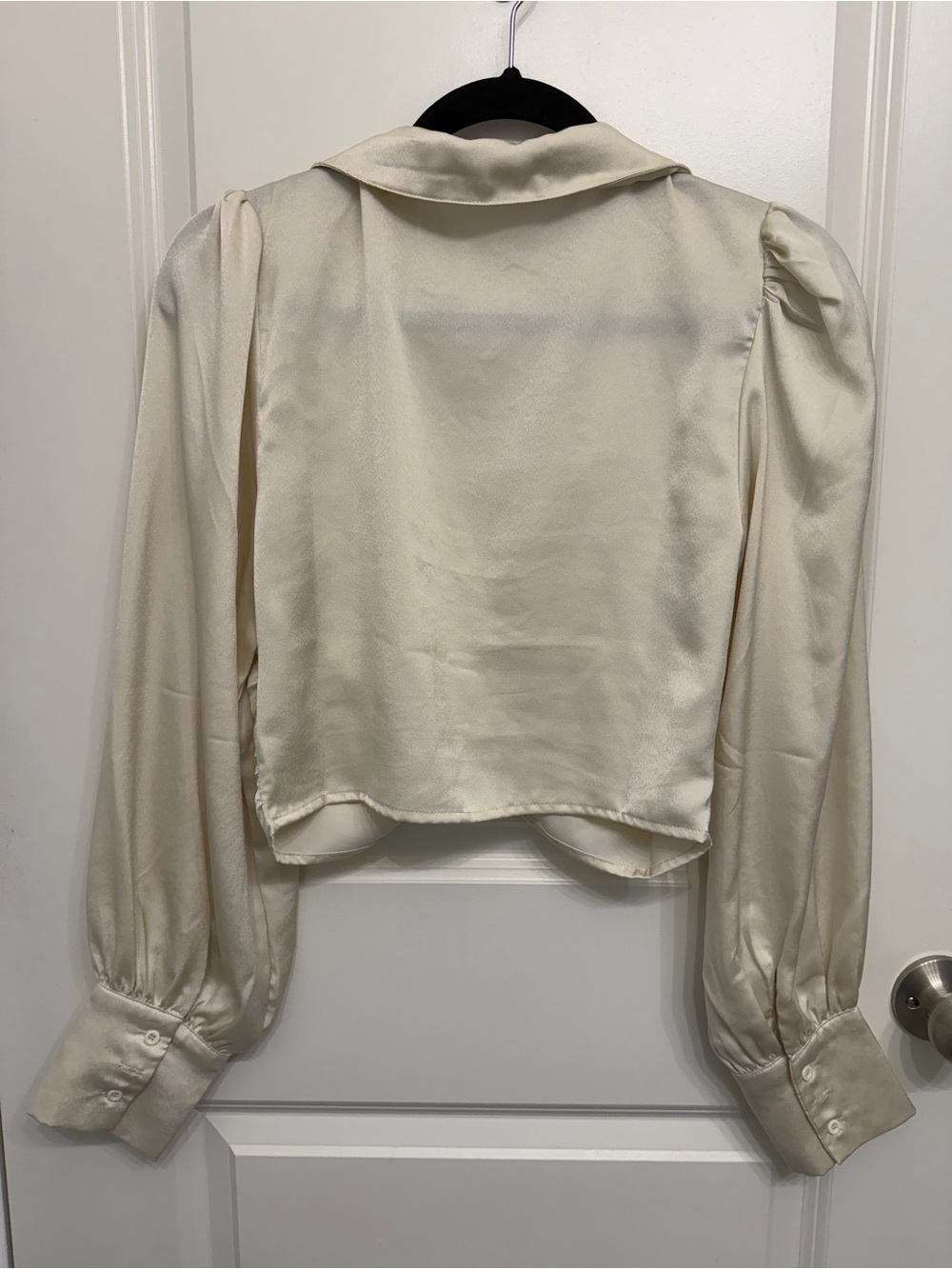 Altar'd State Ivory Satin Ruched Button-Front Crop Blouse - Picture 5 of 6